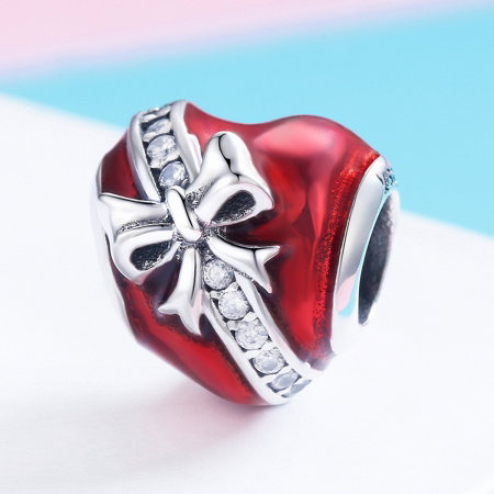 Charm argint 925 inimioara rosie cu fundita si zirconii albe - Be in Love PST0131 [1]