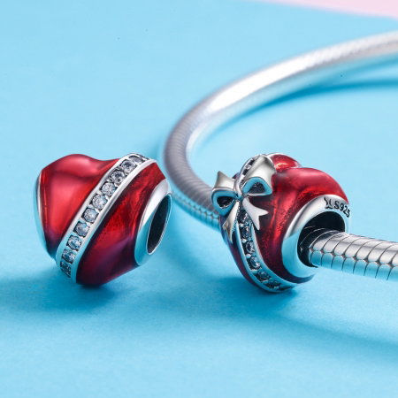 Charm argint 925 inimioara rosie cu fundita si zirconii albe - Be in Love PST0131 [3]