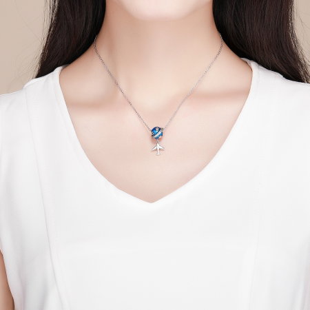 Charm argint 925 planeta albastra cu avion, stelute si zirconii albe PST0149 [3]