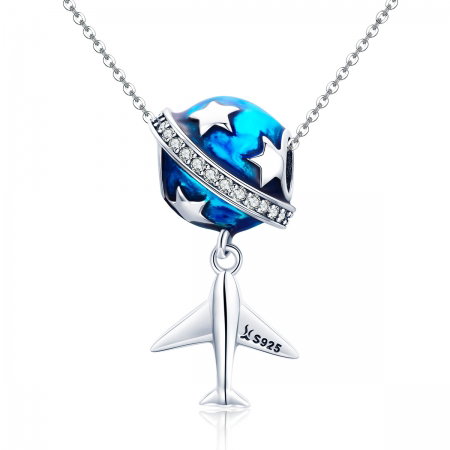 Charm argint 925 planeta albastra cu avion, stelute si zirconii albe PST0149 [4]