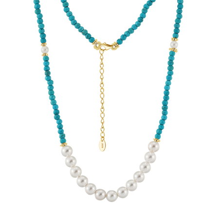 Colier argint 925 placat cu aur 14K cu perle si turcoaz natural