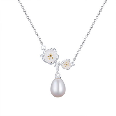 Colier argint 925 placat cu rodiu cu floricele, perle naturale si zirconiu