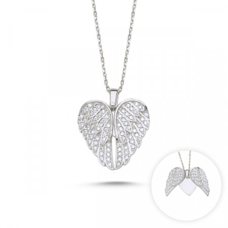 Colier argint aripi de inger si inimioara cu zirconii albe placat cu rodiu - CTU0109 [0]