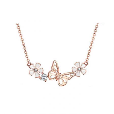 Colier argint cu flori si fluturas placat cu aur roz