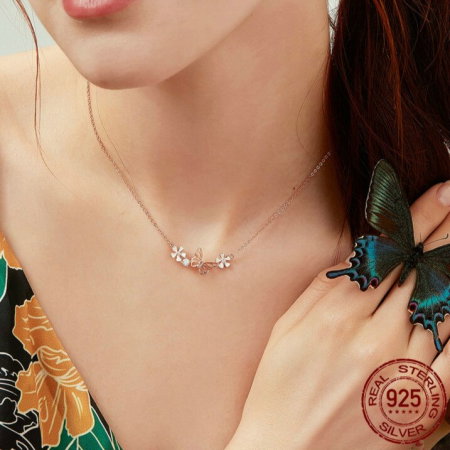 Colier argint cu flori si fluturas placat cu aur roz [1]