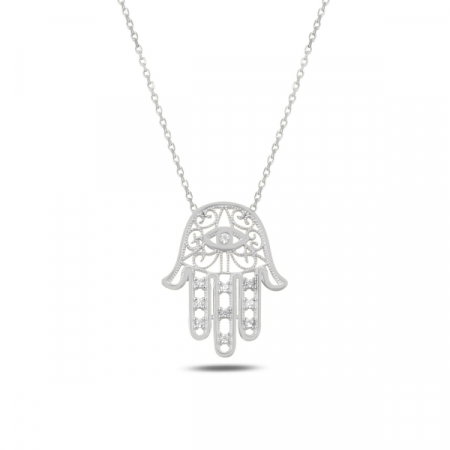 Colier argint cu Hamsa Mana lui Fatima si zirconii albe, placat cu rodiu - CTU0107 [0]
