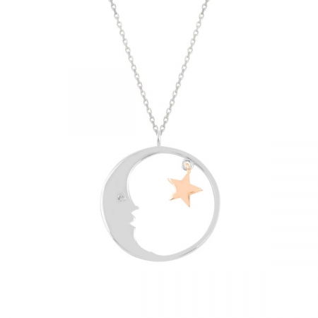Colier argint Moon & Star cu zirconii placat cu rodiu