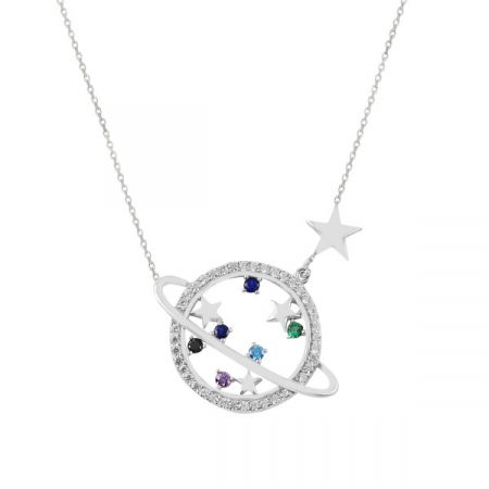 Colier argint planeta Saturn & Star cu zirconii placat cu rodiu