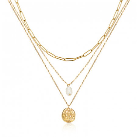 Colier argint triplu placat cu aur, cu perla naturala si pandantiv masiv