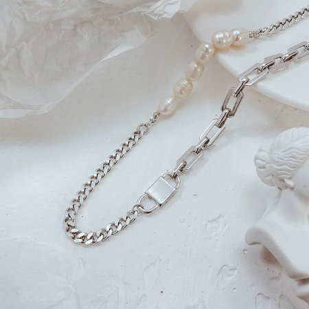 Colier din inox cu perle si lacatel [1]
