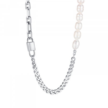 Colier din inox cu perle si lacatel [0]