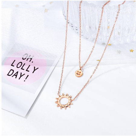 Colier dublu din inox placat cu aur roz Soare si Smiley [3]