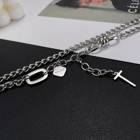 Colier inox reglabil cu cruce si mesaj "With God" [4]