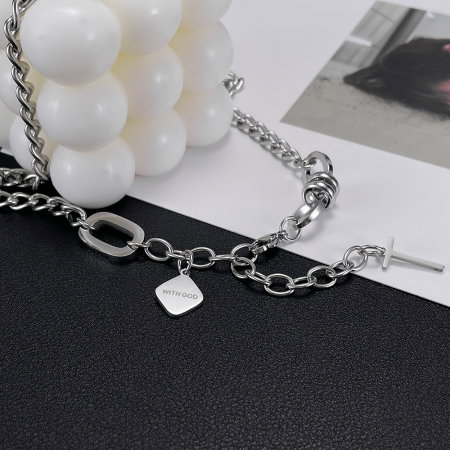 Colier inox reglabil cu cruce si mesaj "With God" [2]