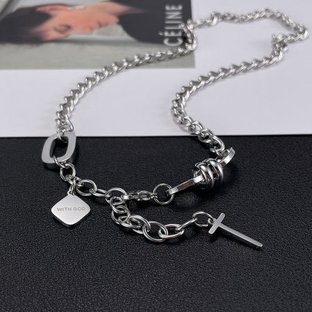 Colier inox reglabil cu cruce si mesaj "With God" [8]