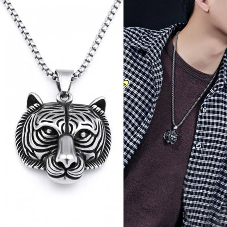 Colier inox cu cap de tigru si lant de 4 mm si 60 cm [5]