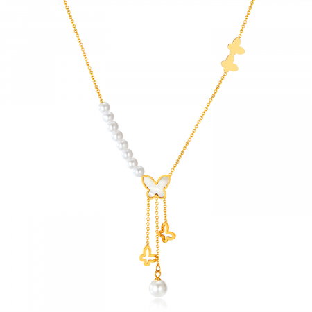 Colier inox cu perle si fluturasi