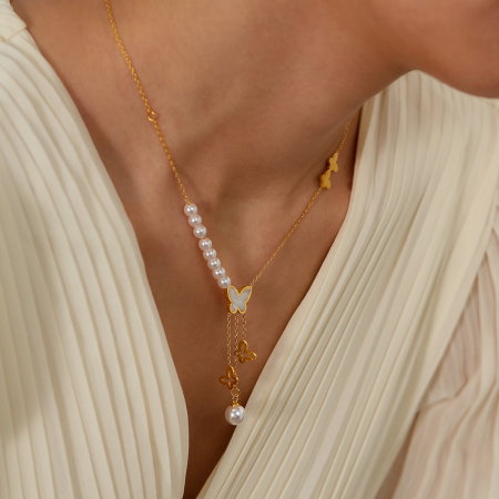 Colier inox cu perle si fluturasi [11]