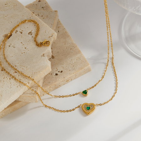 Colier inox dublu cu inimioare si zirconii [9]