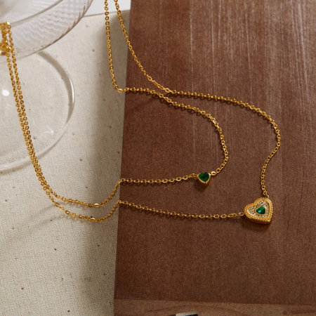 Colier inox dublu cu inimioare si zirconii [6]