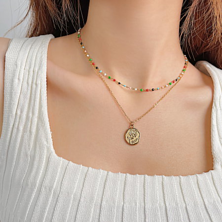 Colier inox dublu cu margele si trandafir [7]