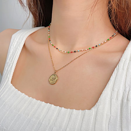 Colier inox dublu cu margele si trandafir [13]