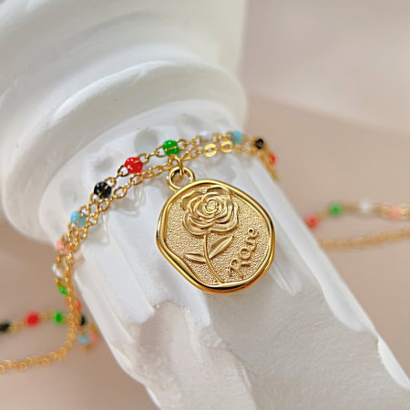 Colier inox dublu cu margele si trandafir [2]