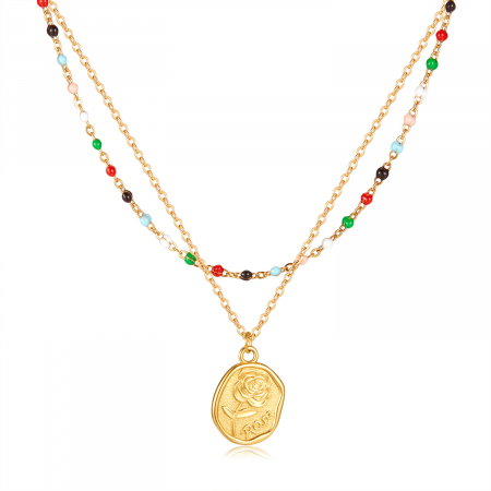 Colier inox dublu cu margele si trandafir