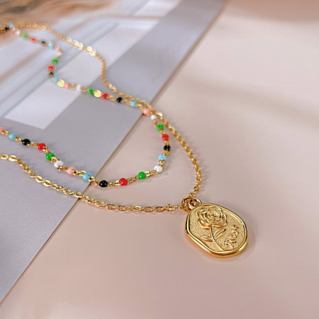 Colier inox dublu cu margele si trandafir [8]