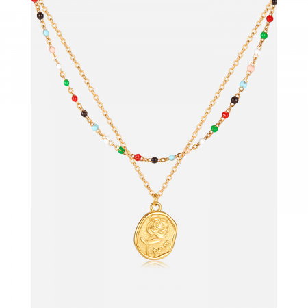 Colier inox dublu cu margele si trandafir [14]