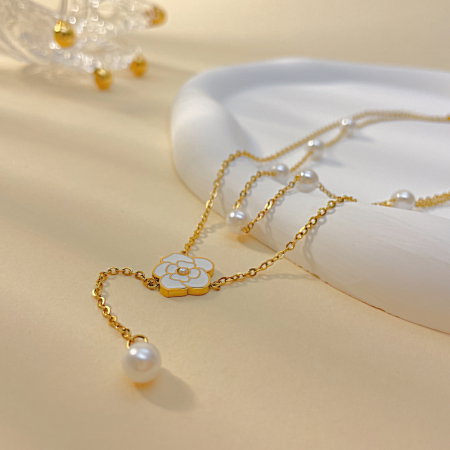 Colier inox dublu cu perle si floare [3]