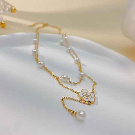 Colier inox dublu cu perle si floare [2]