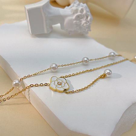 Colier inox dublu cu perle si floare [7]