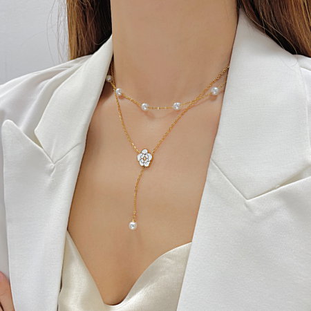 Colier inox dublu cu perle si floare [4]