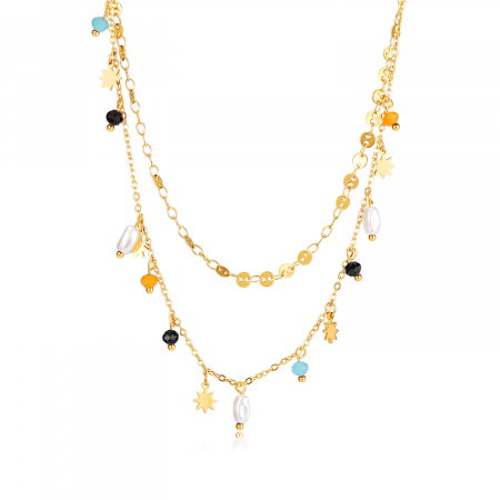 Colier inox dublu cu perle si margele