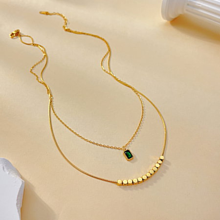 Colier inox dublu cu zirconiu si pandantive cubice [9]