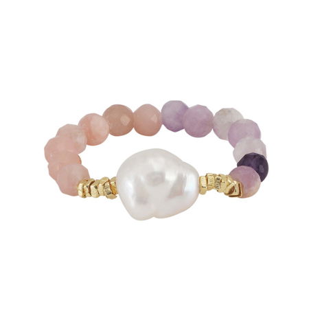 Inel argint 925 elastic placat cu aur 14K cu perle naturale si opal si mica naturale