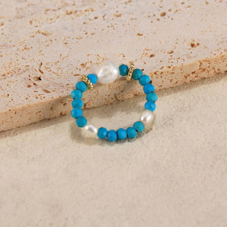 Inel argint 925 elastic placat cu aur 14K cu perle naturale si turcoaz natural [4]