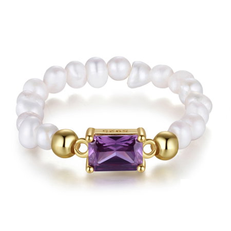 Inel argint 925 elastic placat cu aur 14K cu perle naturale si zirconiu