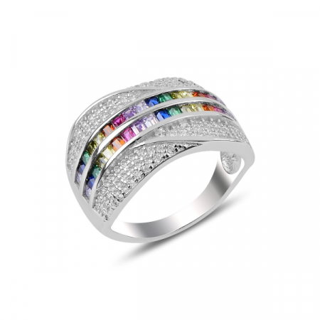 Inel argint Baguette cu zirconii multicolore, placat cu rodiu [0]