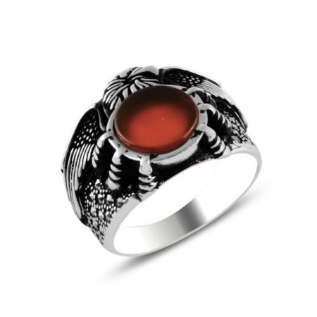 Inel argint handmade cu vultur, agat ROSU si marcasite [0]