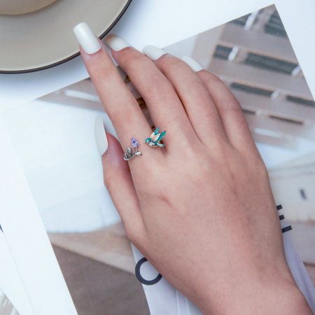 Inel argint reglabil colibri si floare [6]