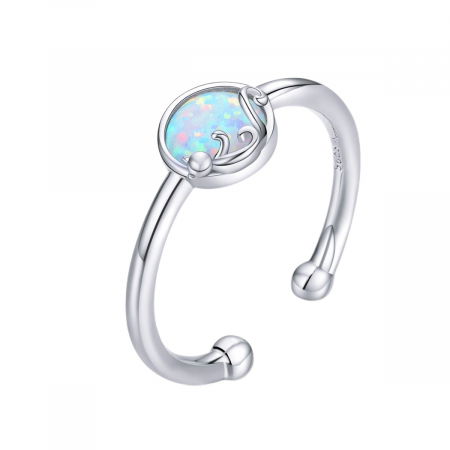 Inel argint reglabil cu opal si pisicuta, placat cu rodiu