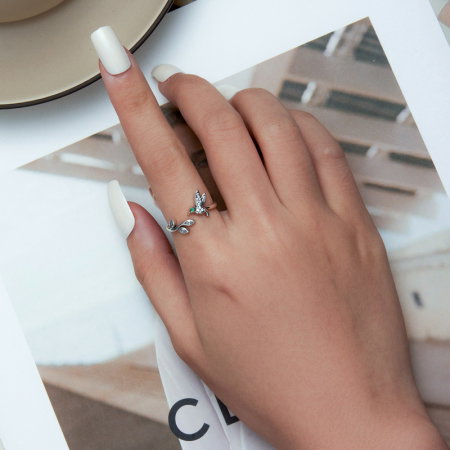 Inel argint reglabil pasare colibri si floare [1]