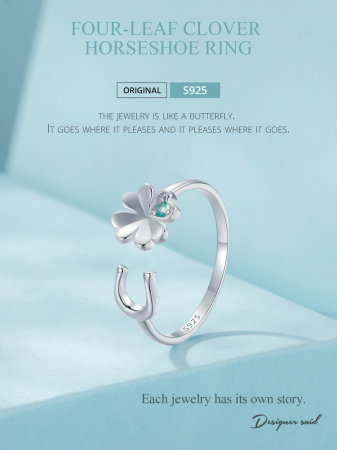 Inel argint reglabil potcoava si trifoi cu patru foi [13]