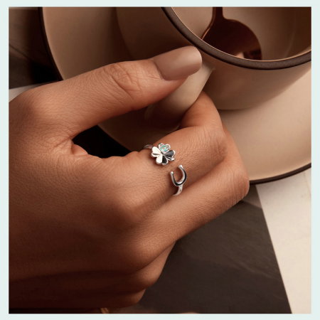 Inel argint reglabil potcoava si trifoi cu patru foi [11]