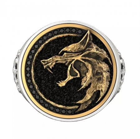 Inel din inox auriu cap si gheara de lup