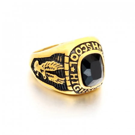Inel inox auriu cu zirconiu negru si Vultur - High School [2]