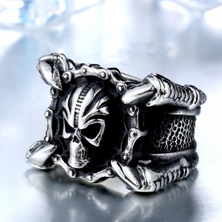Inel inox biker gheare de dragon si craniu [4]