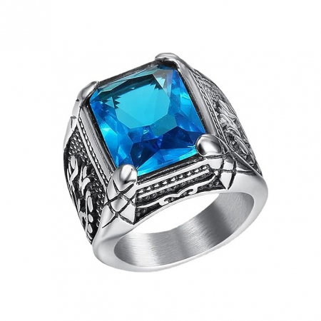 Inel inox cu zirconiu albastru si model floral